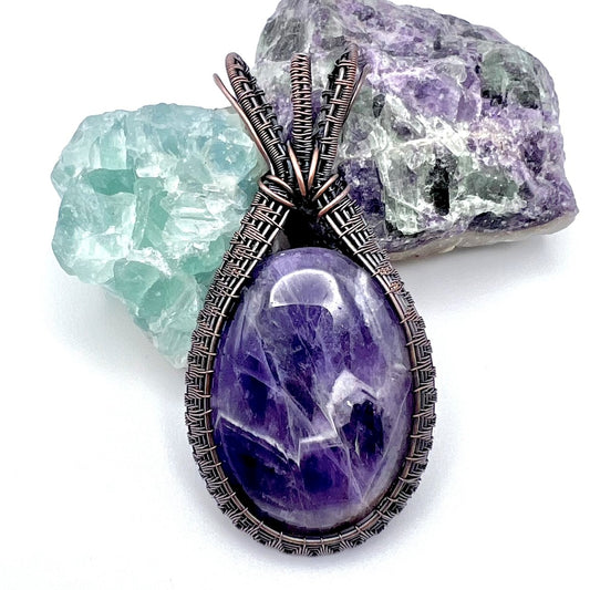 Amethyst Large, Five-Wire, Woven Copper Pendant