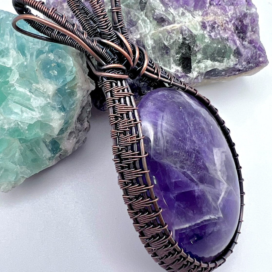 Amethyst Large, Five-Wire, Woven Copper Pendant