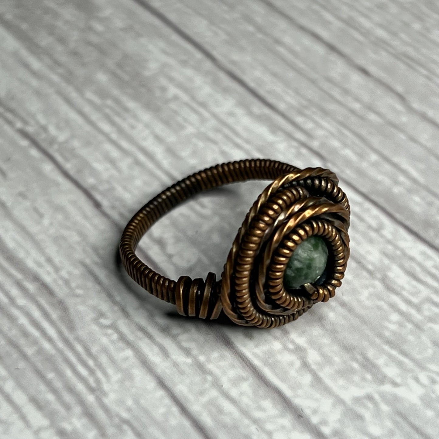 Green Dot Stone Copper Wrapped Ring. Size 6.5