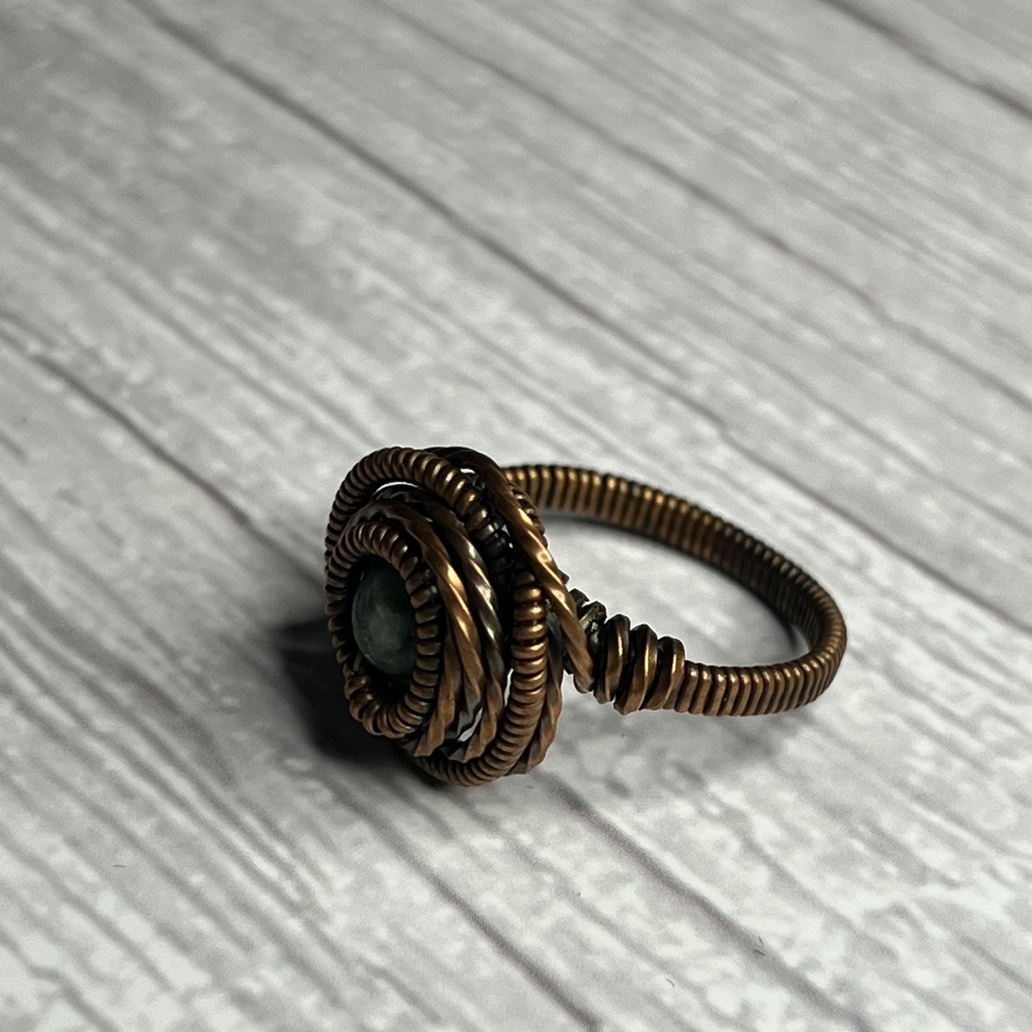 Green Dot Stone Copper Wrapped Ring. Size 6.5