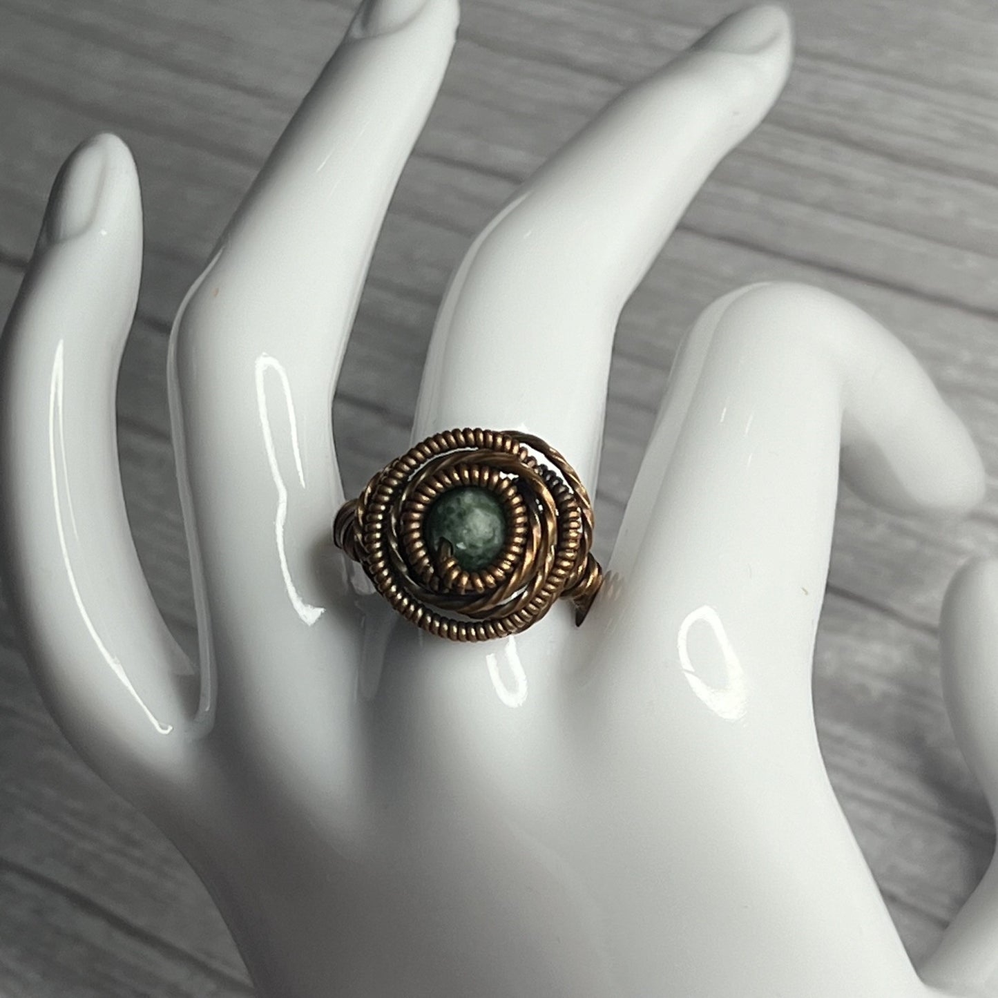 Green Dot Stone Copper Wrapped Ring. Size 6.5