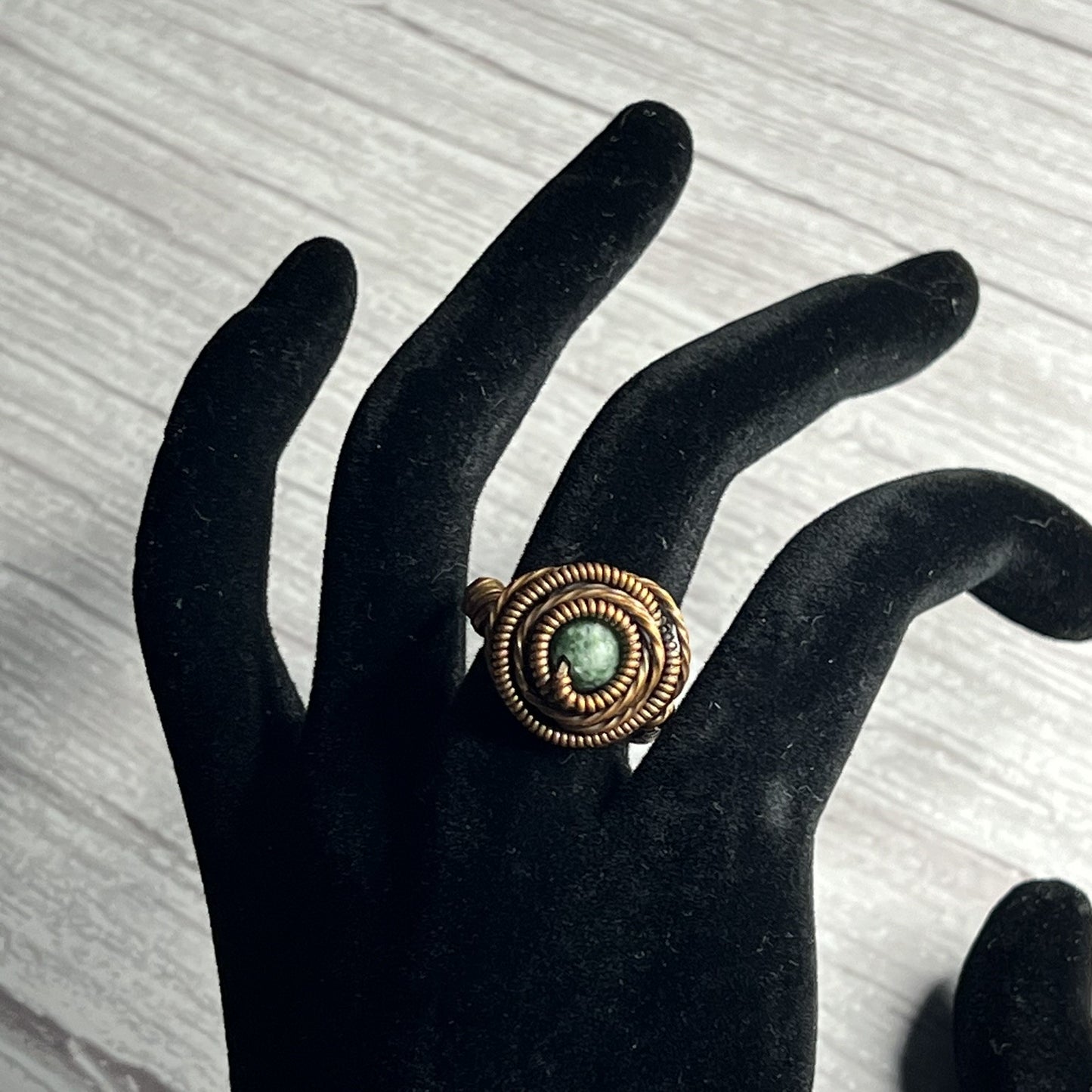 Green Dot Stone Copper Wrapped Ring. Size 6.5