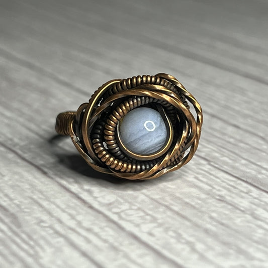 Chalcedony (Blue) Ring in a Copper-Wrap Setting. Size 6.5