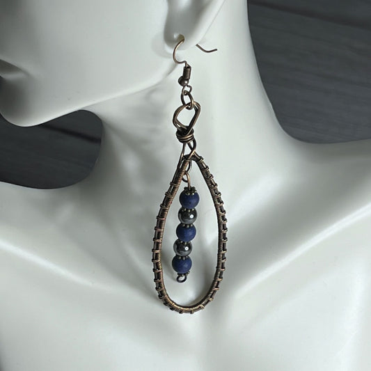 Lapis Lazuli and Hematite Woven Copper Earrings