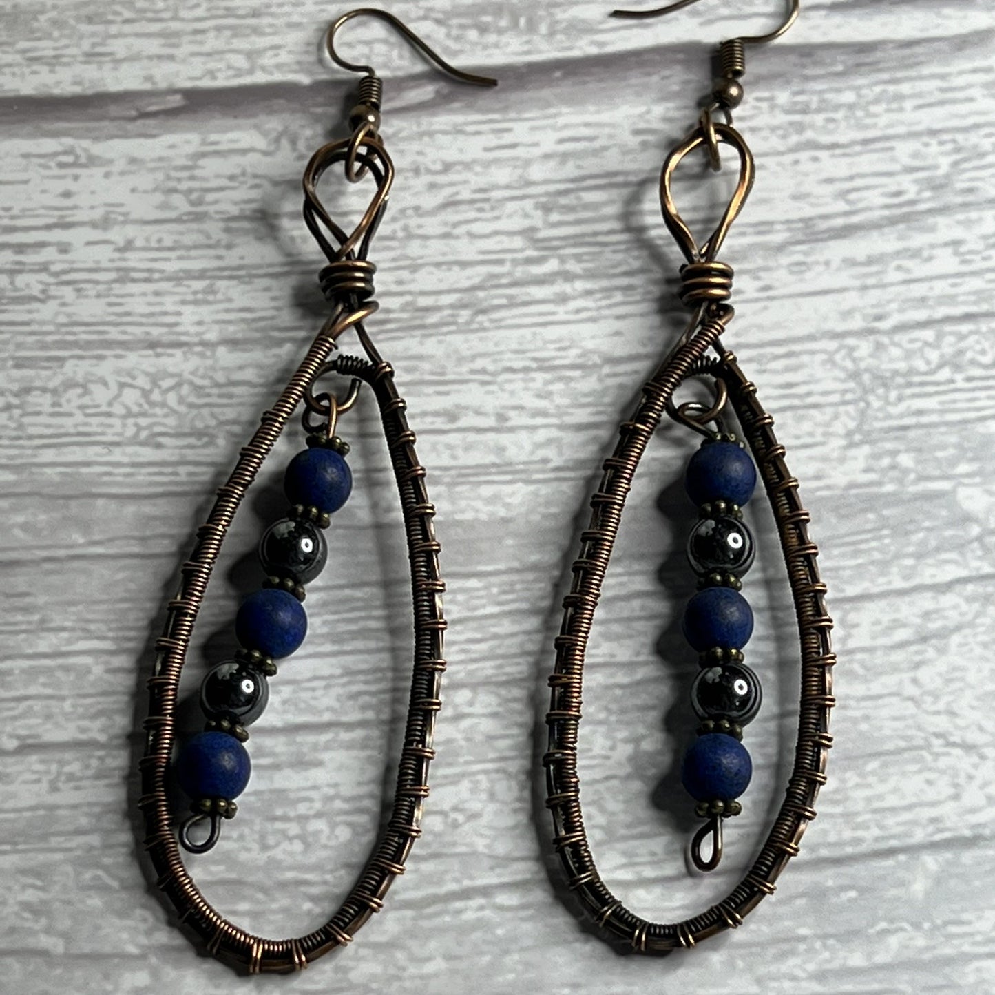 Lapis Lazuli and Hematite Woven Copper Earrings