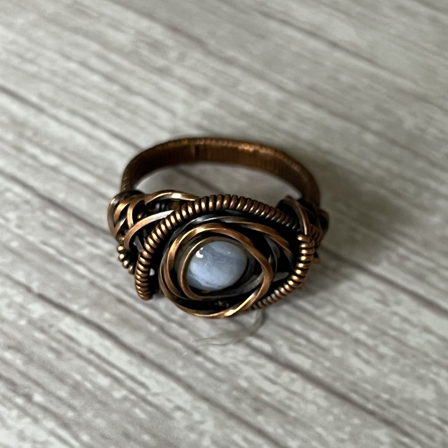 Chalcedony (Blue) Ring in Copper-Wrap Setting. Ring Size 8