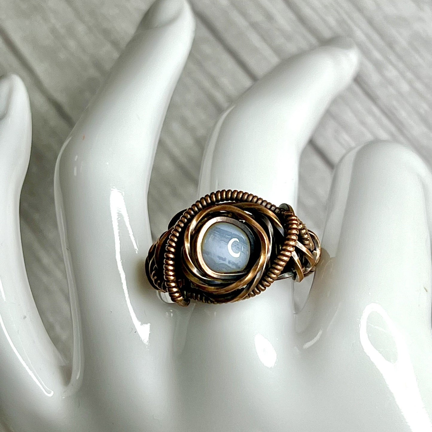 Chalcedony (Blue) Ring in Copper-Wrap Setting. Ring Size 8