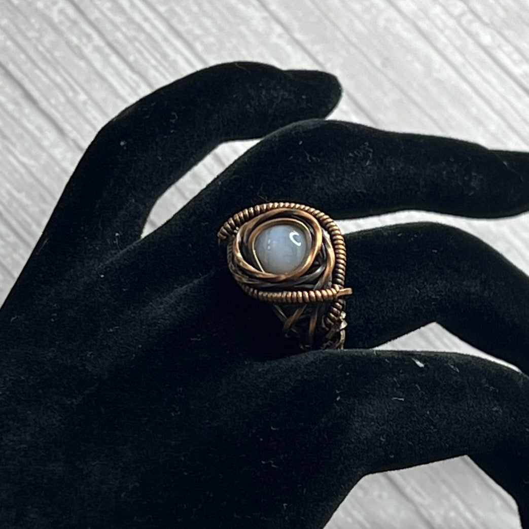 Chalcedony (Blue) Ring in Copper-Wrap Setting. Ring Size 8