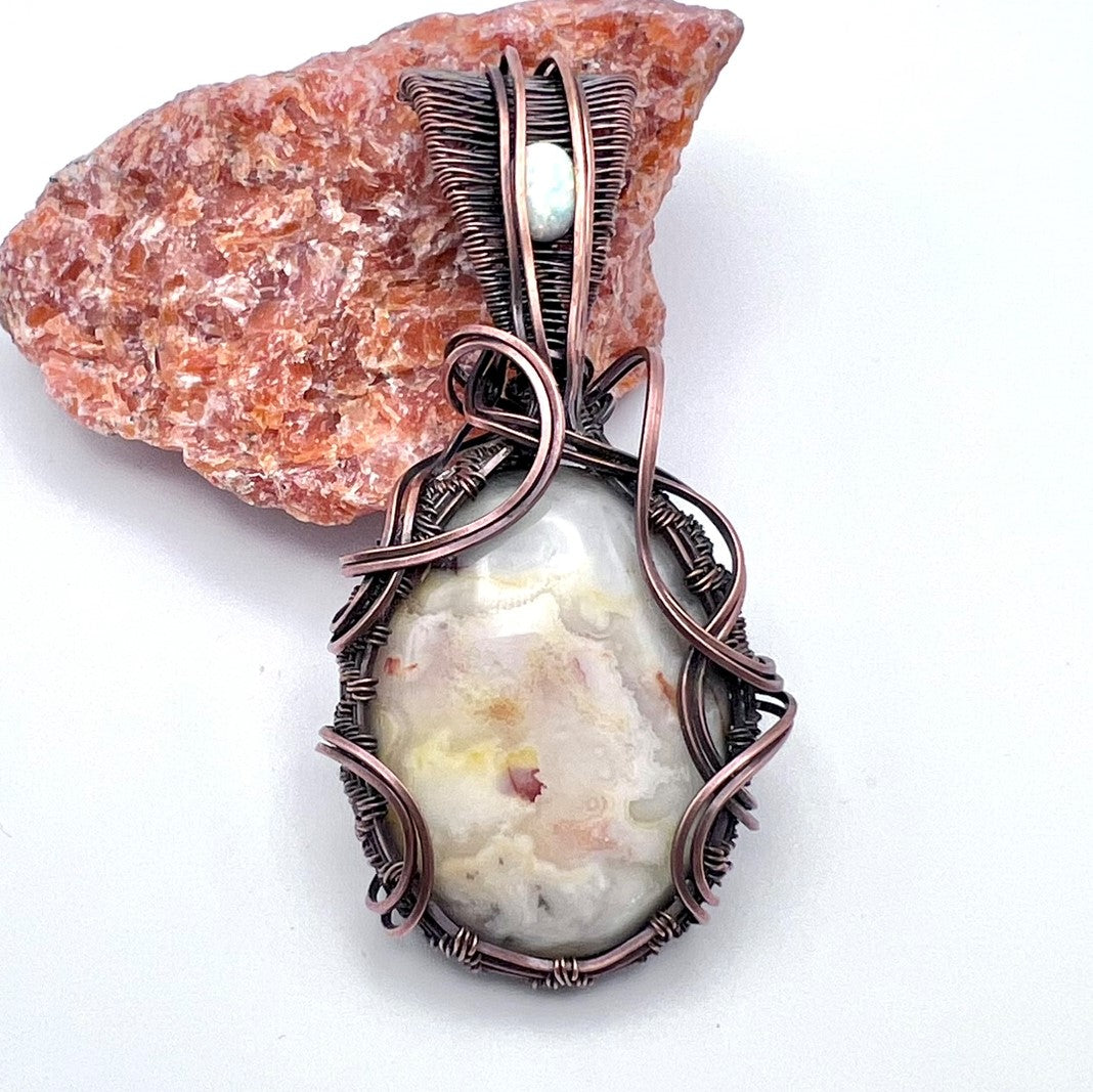 Agate (Crazy Lace) Woven Pendant with Accent Opal