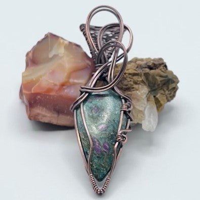 Ruby Fuchsite Copper Wrapped Pendant with Split Weave Bale