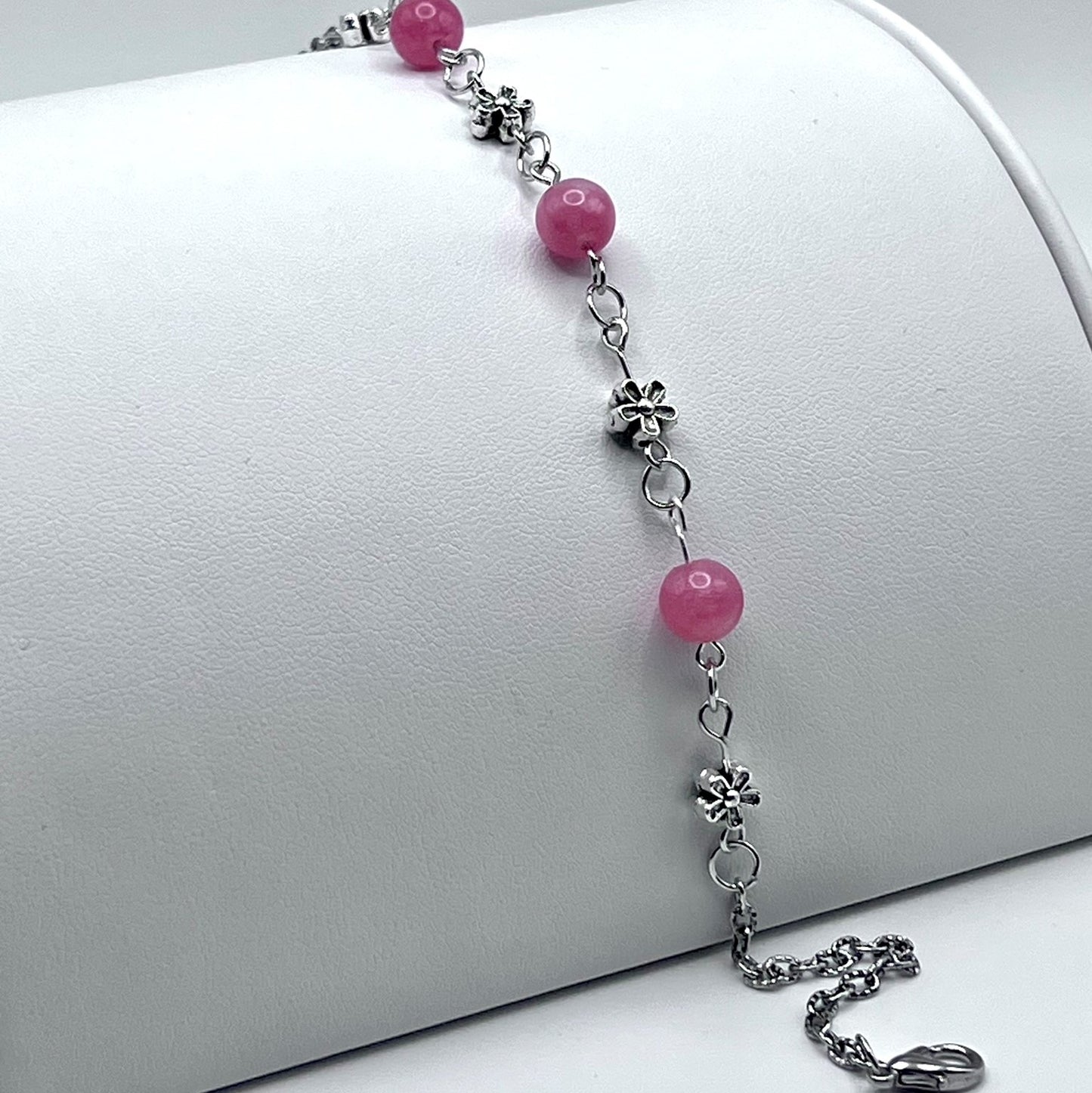 Rhodochrosite Chain Link Anklet with Flower Detail