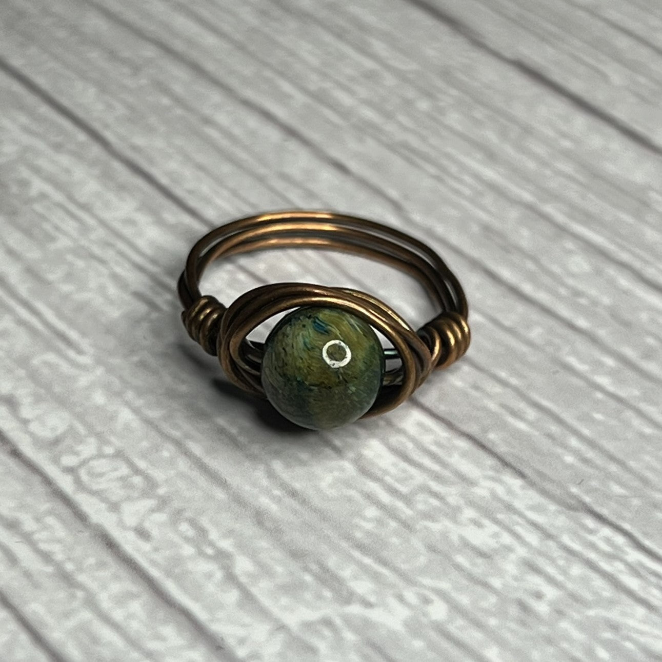 Tigers Eye (Blue) Bead Ring in a Copper-Wrap Setting. Size 7