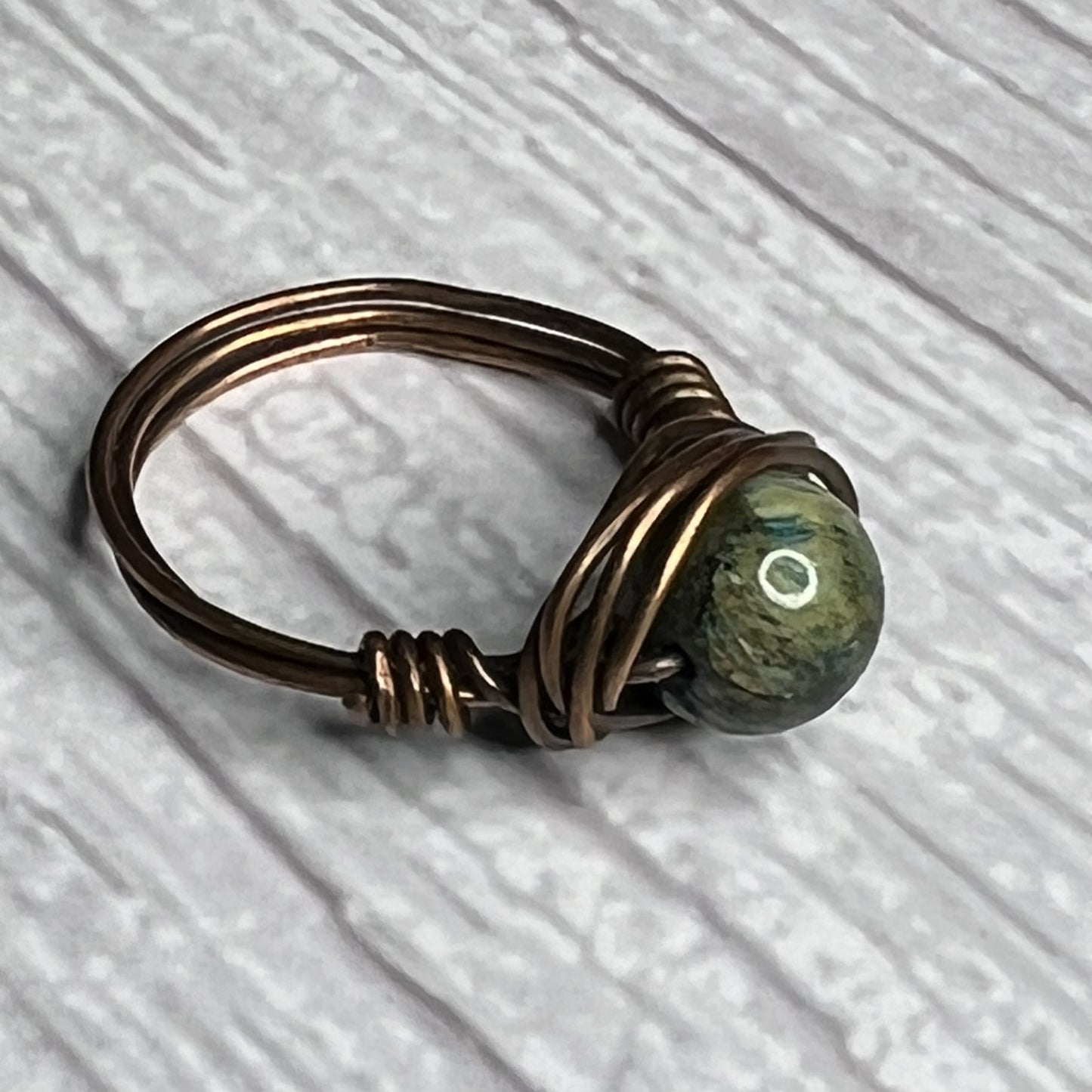 Tigers Eye (Blue) Bead Ring in a Copper-Wrap Setting. Size 7