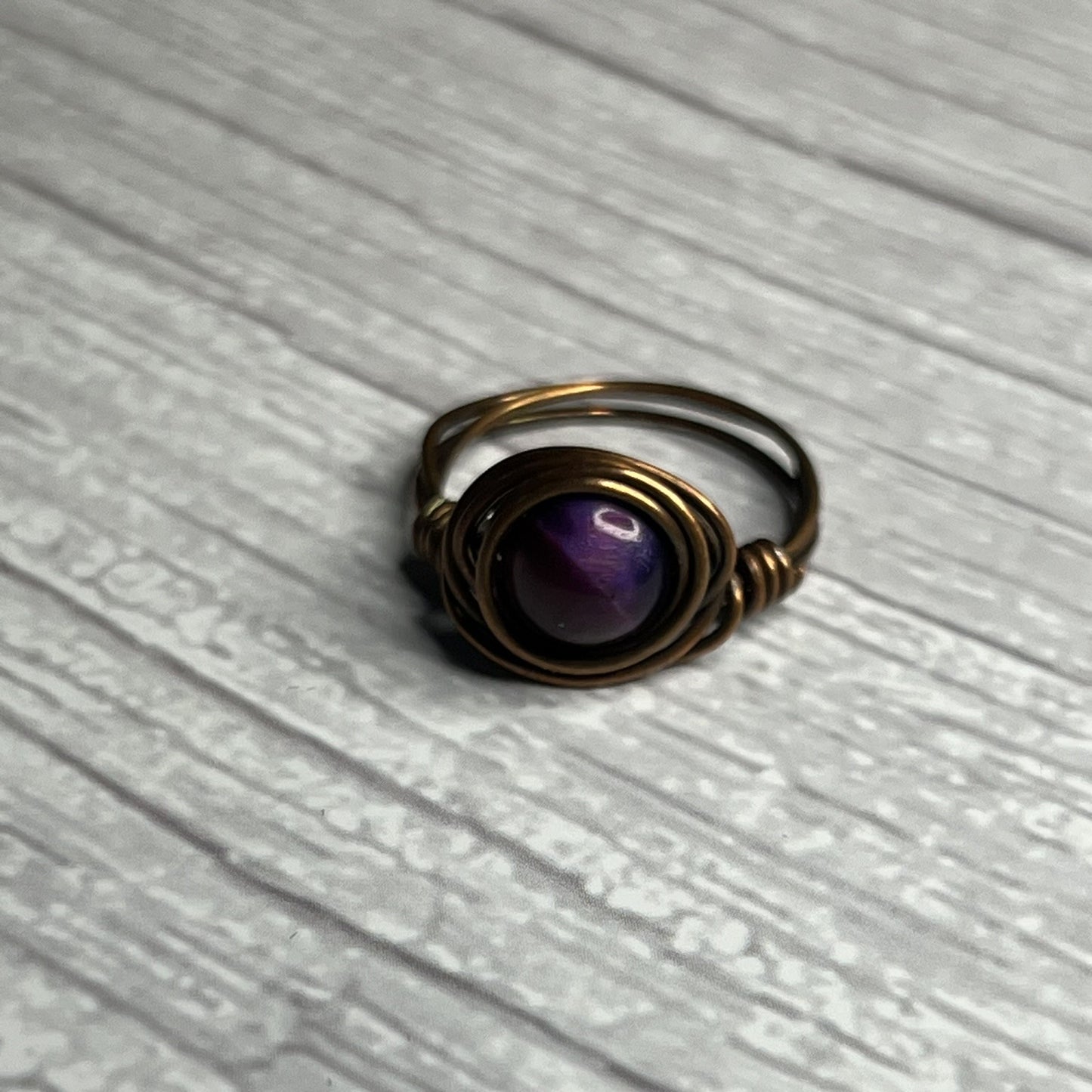 Tigers Eye (Purple) Ring in Copper-Wrap Setting. Size 7