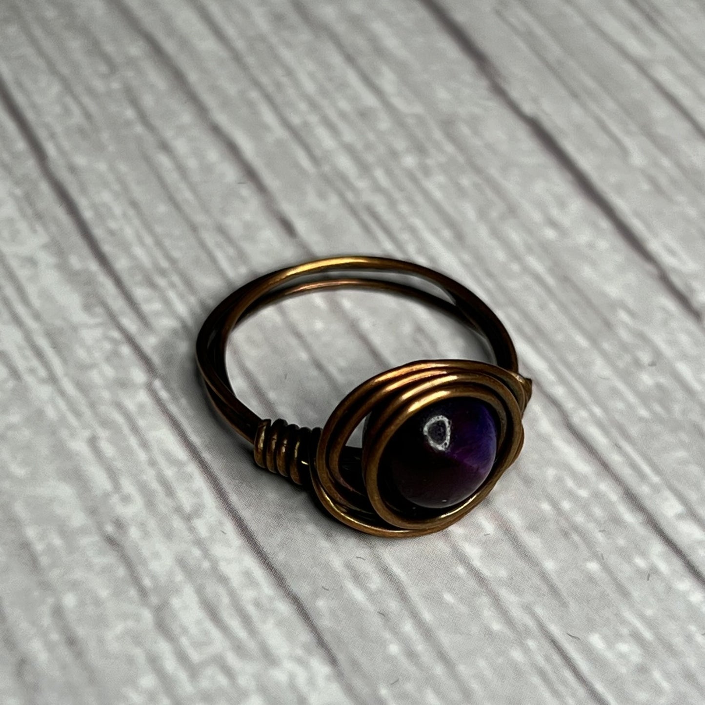 Tigers Eye (Purple) Ring in Copper-Wrap Setting. Size 7