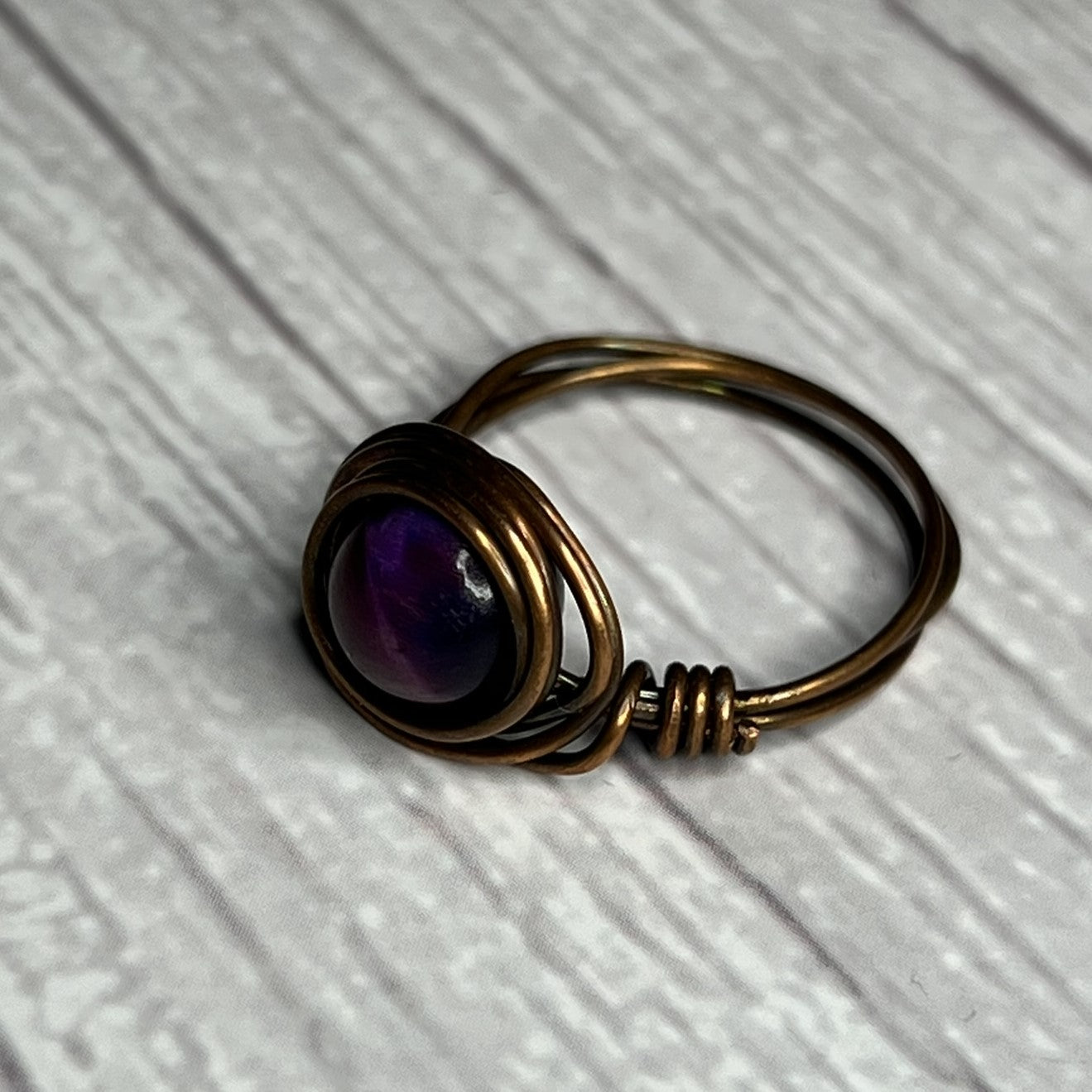 Tigers Eye (Purple) Ring in Copper-Wrap Setting. Size 7