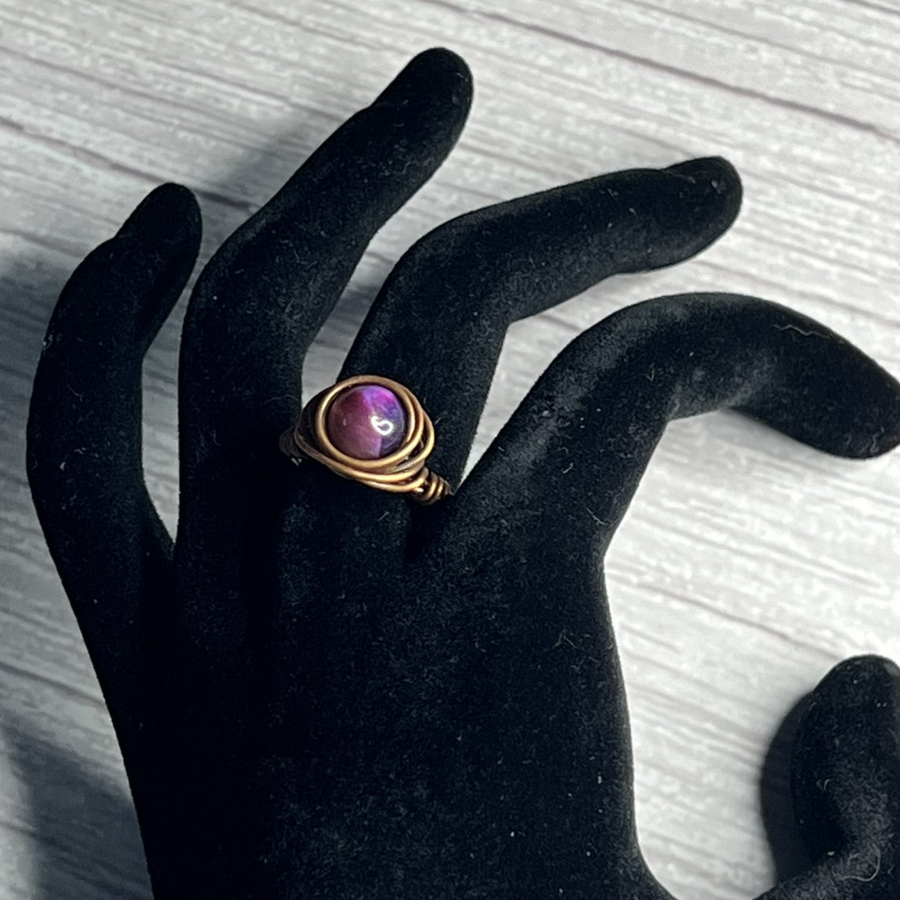 Tigers Eye (Purple) Ring in Copper-Wrap Setting. Size 7