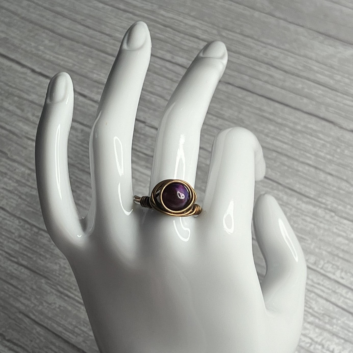 Tigers Eye (Purple) Ring in Copper-Wrap Setting. Size 7