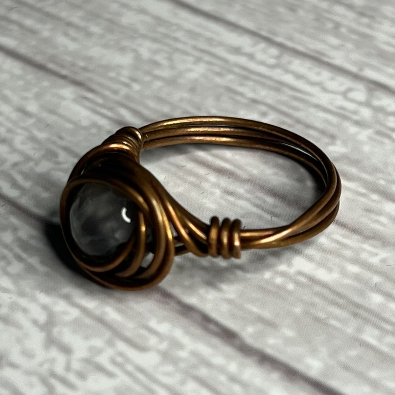 Agate Ring with Faceted Bead in Copper-Wrap Setting. Size 6