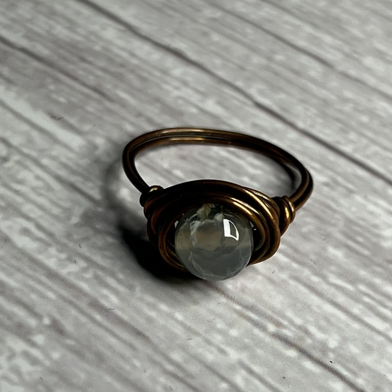 Agate Ring with Faceted Bead in a Copper-Wrap Setting.  Size 6.5