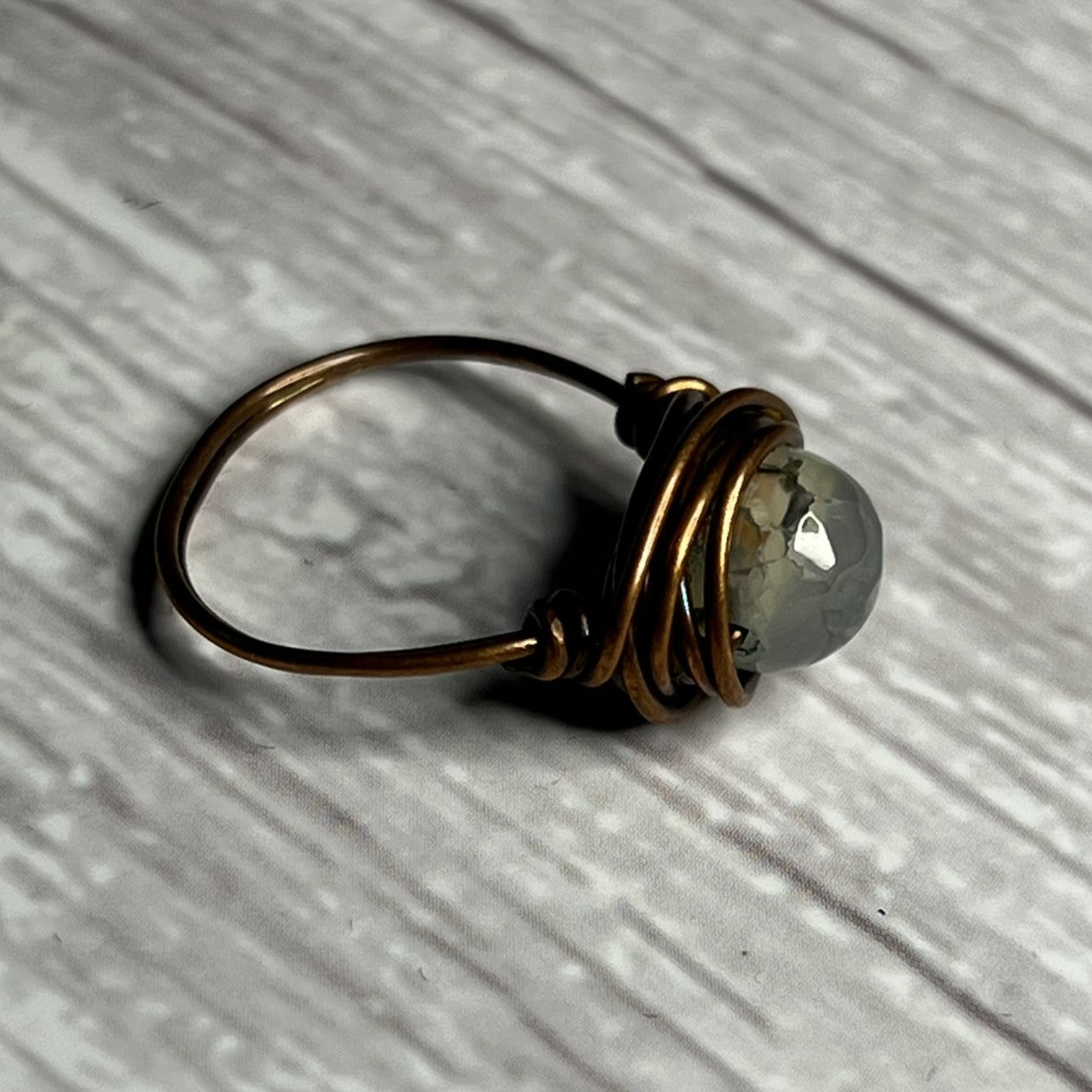 Agate Ring with Faceted Bead in a Copper-Wrap Setting.  Size 6.5