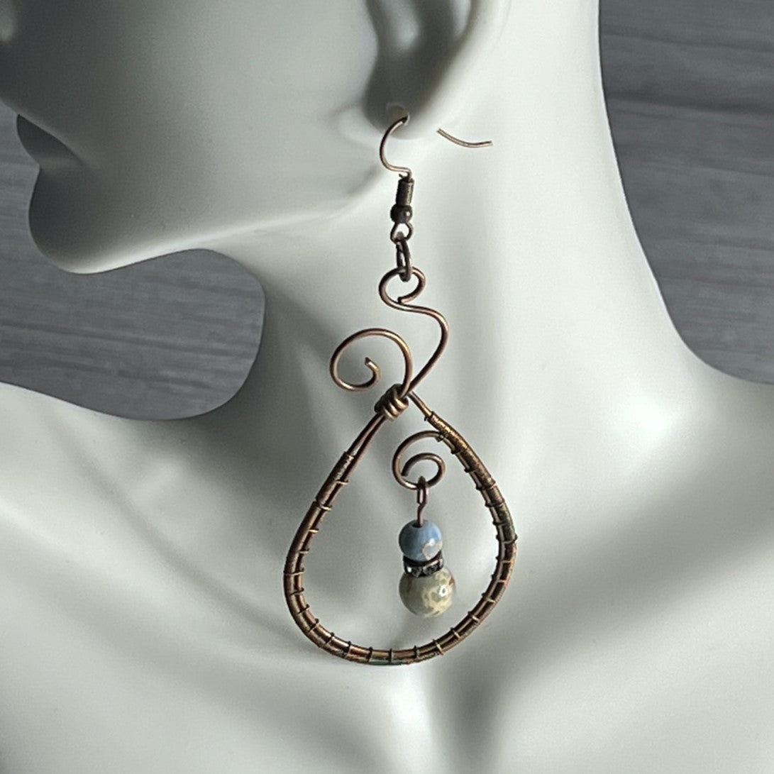 Jasper (Sea Sediment) Bead and Rhinestone Woven Copper Teardrop Earrings