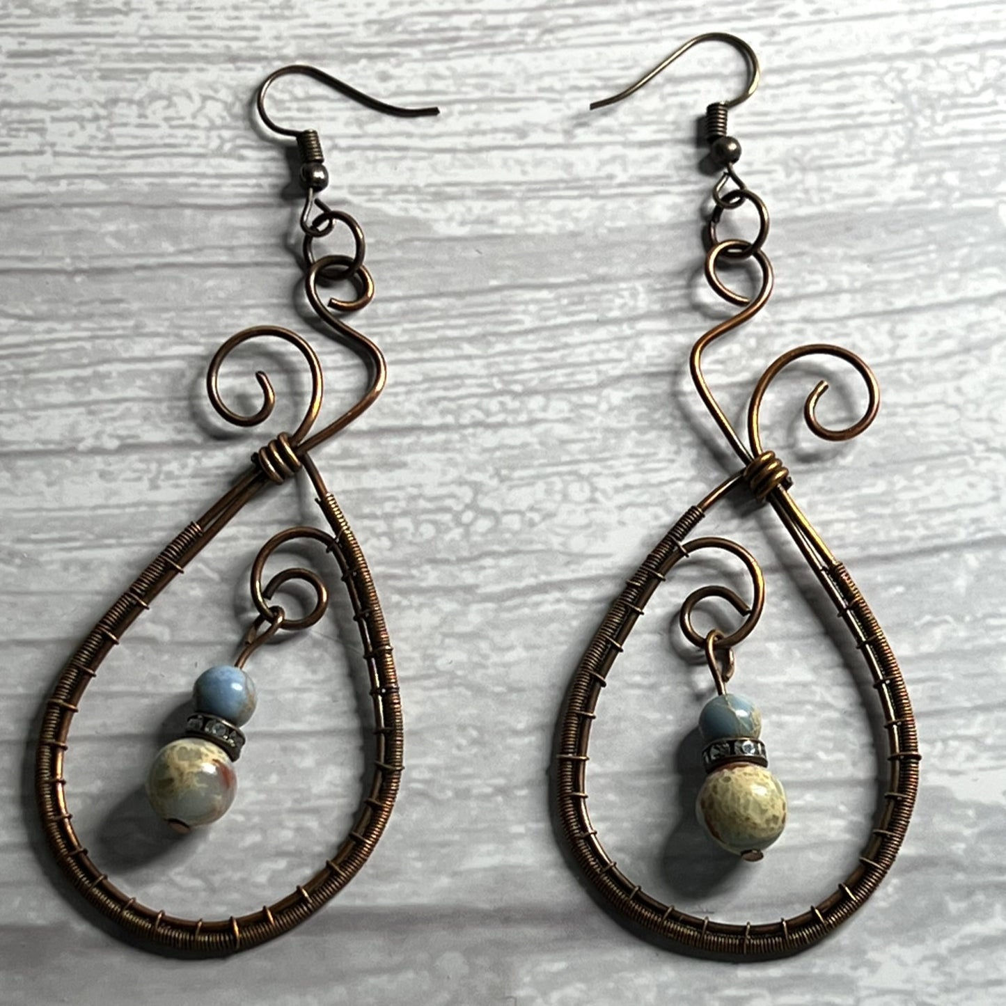 Jasper (Sea Sediment) Bead and Rhinestone Woven Copper Teardrop Earrings