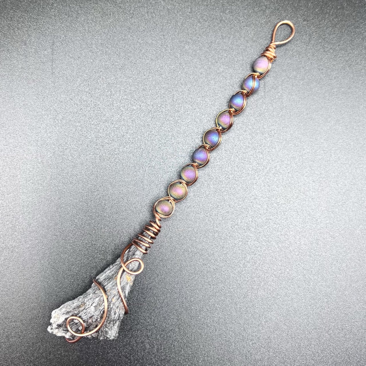 Kyanite Witch's Broom with Woven Copper and Beaded Handle