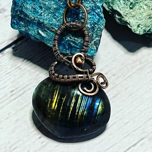 Labradorite Drilled Heart Pendant with Swirl Detail