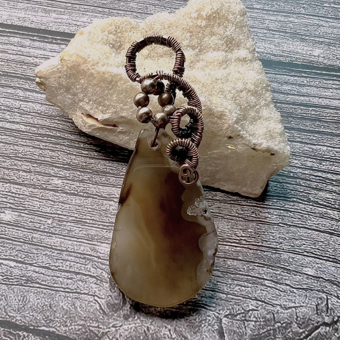 Agate Slice Copper Wrapped Pendant with Copper Beads in Brown