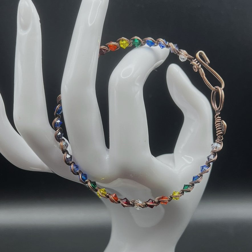 Czech Crystal Copper Woven Bracelet in Rainbow with Circle Clasp