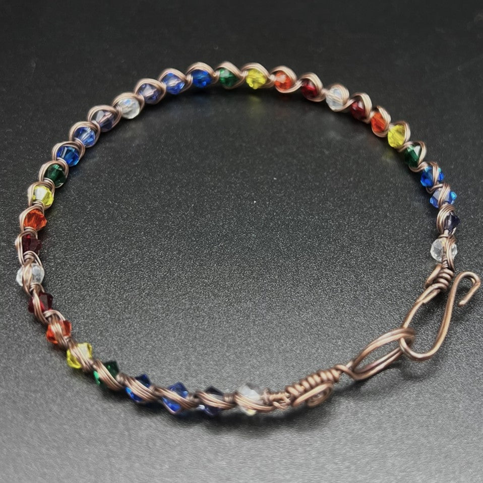 Czech Crystal Copper Woven Bracelet in Rainbow with Circle Clasp