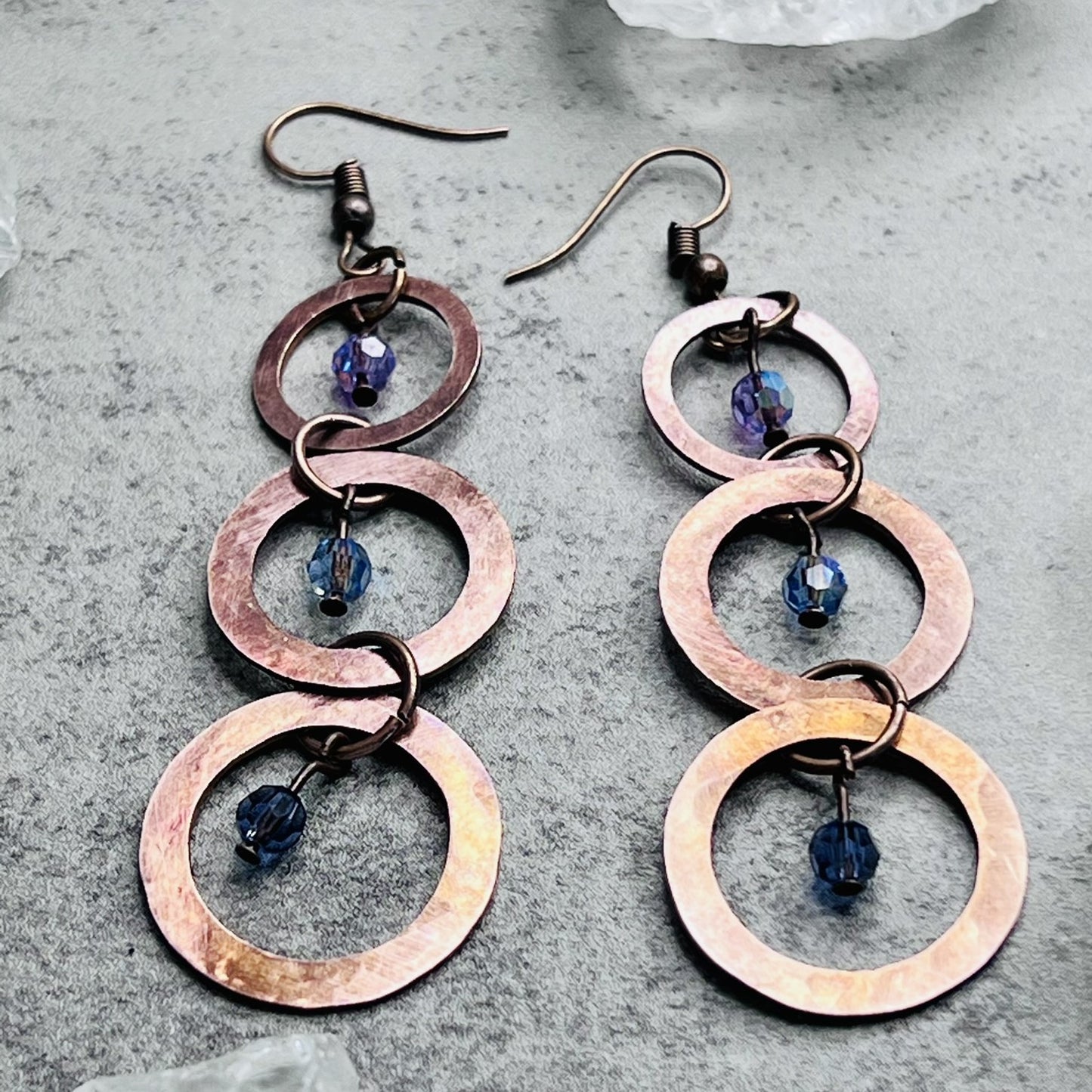 Hammered Copper Triple Hoop Earrings with Czech Crystal Detail