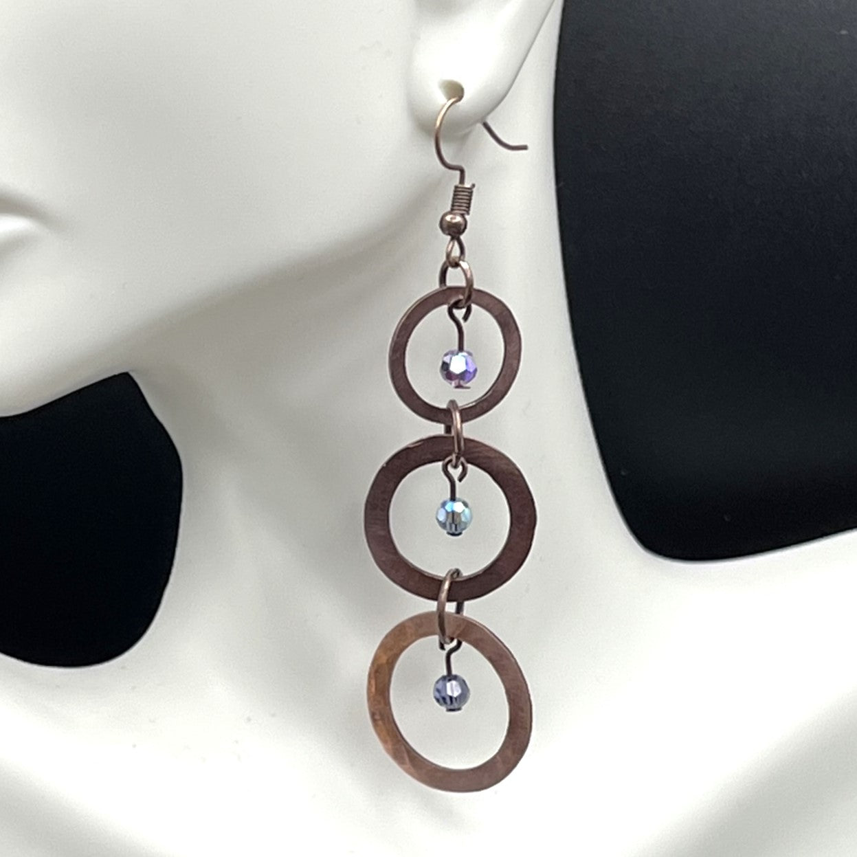 Hammered Copper Triple Hoop Earrings with Czech Crystal Detail