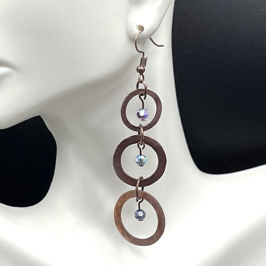 Hammered Copper Triple Hoop Earrings with Czech Crystal Detail