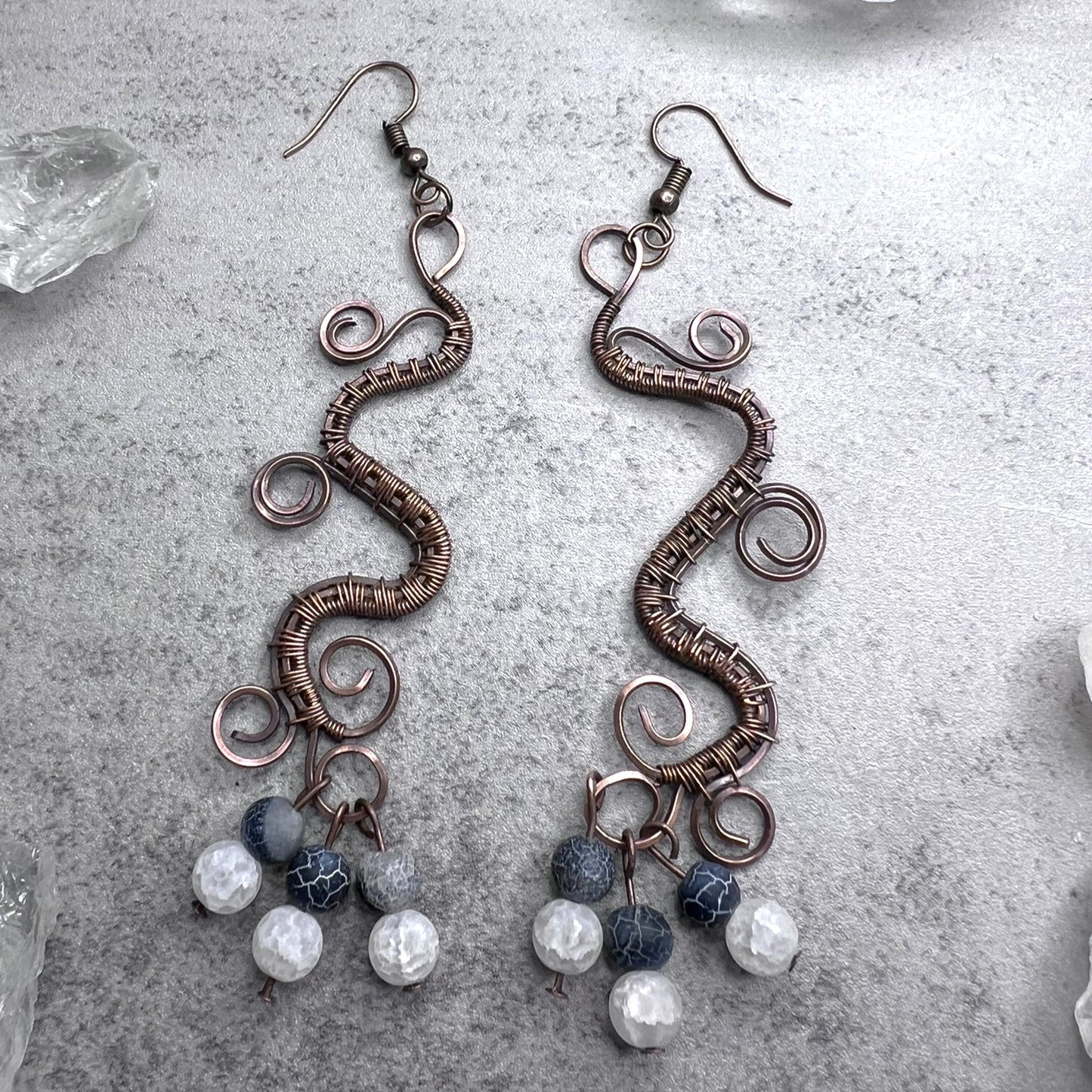 Woven Copper Dangle Earrings with 6mm Crackle Quartz Beads