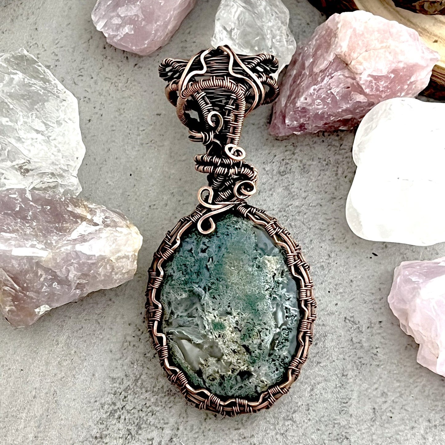 Moss Agate Oval Worry Stone Wrapped in Woven Copper with Tripe Bale Detail