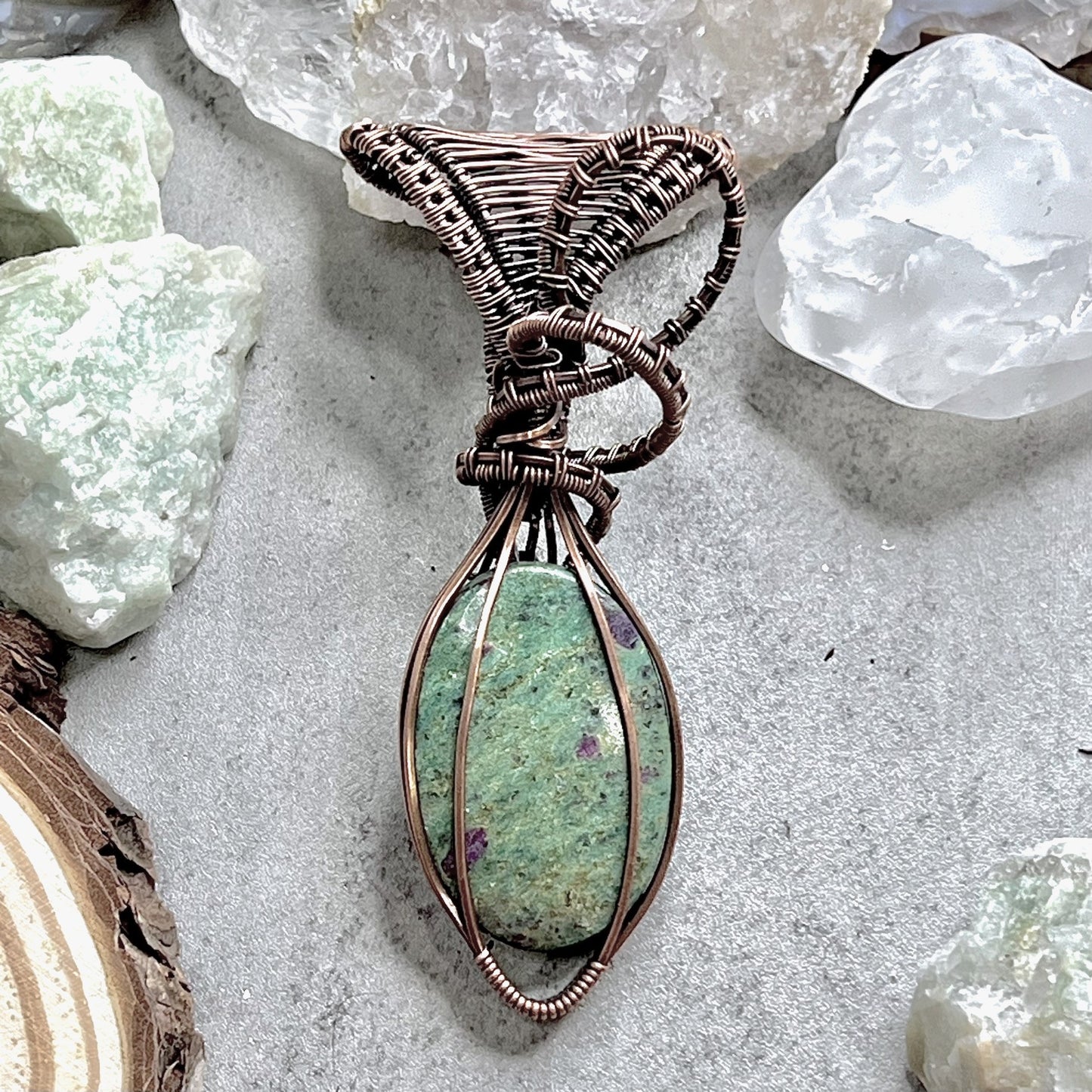 Ruby Fuchsite Oval Stone Wrapped in Woven Copper with Over-sized Bale