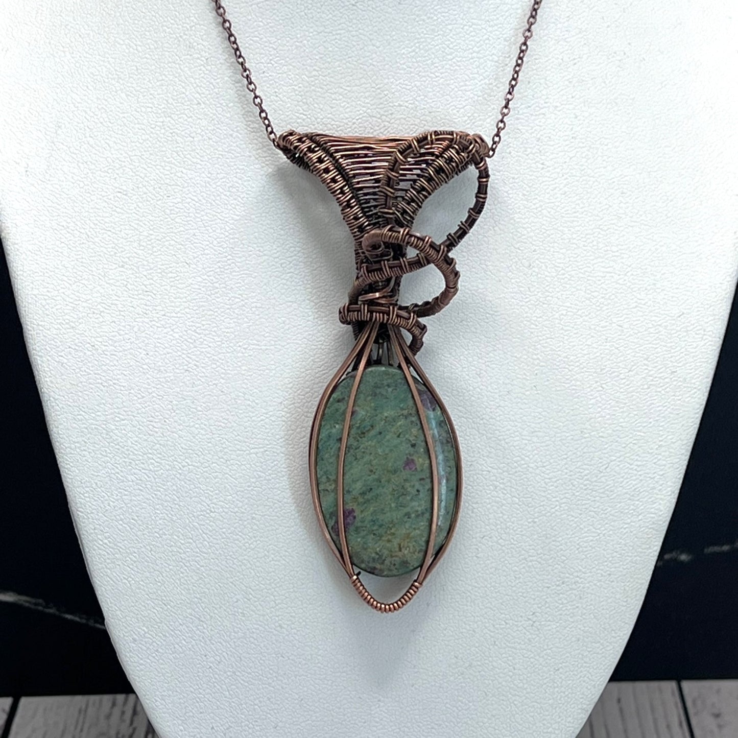 Ruby Fuchsite Oval Stone Wrapped in Woven Copper with Over-sized Bale