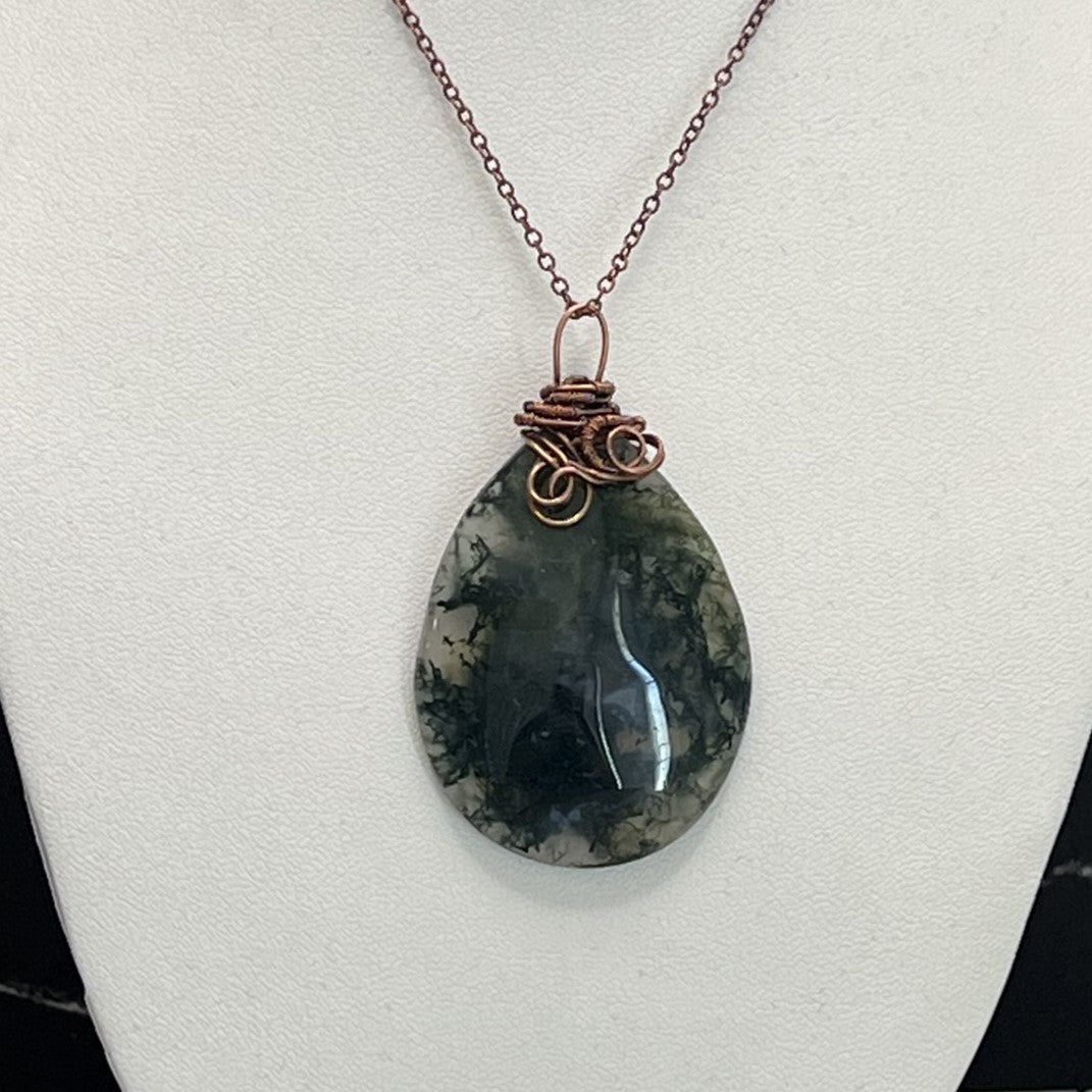 Moss Agate Tear Drop Stone with Woven Copper Bale