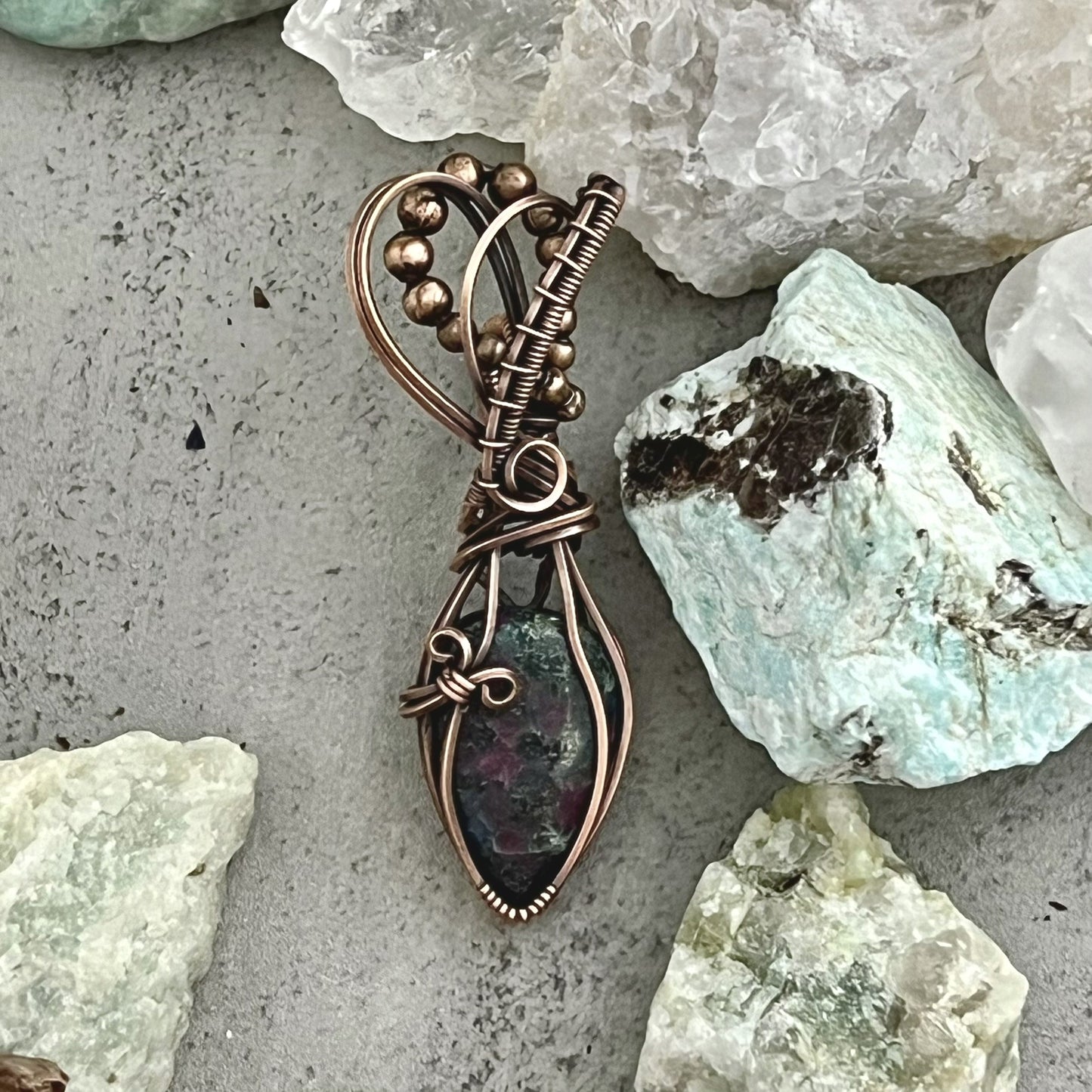 Ruby Kyanite Teardrop Stone Pendant Wrapped in Woven Copper with Beads