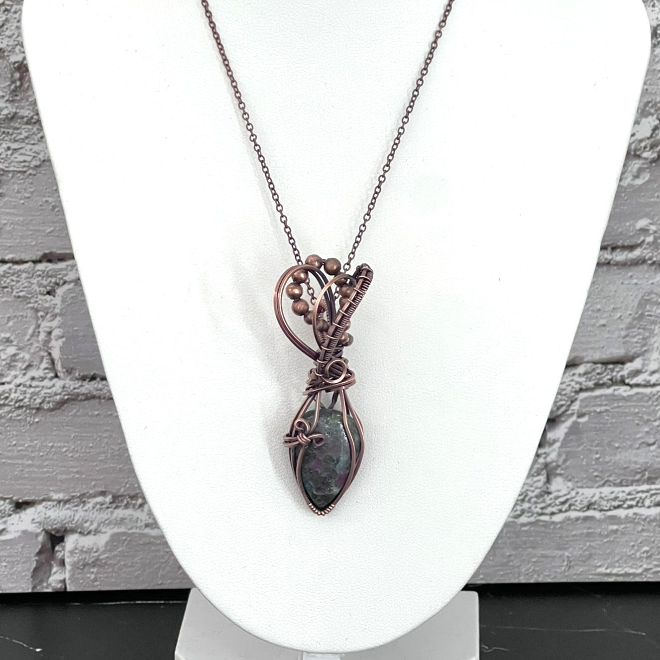 Ruby Kyanite Teardrop Stone Pendant Wrapped in Woven Copper with Beads