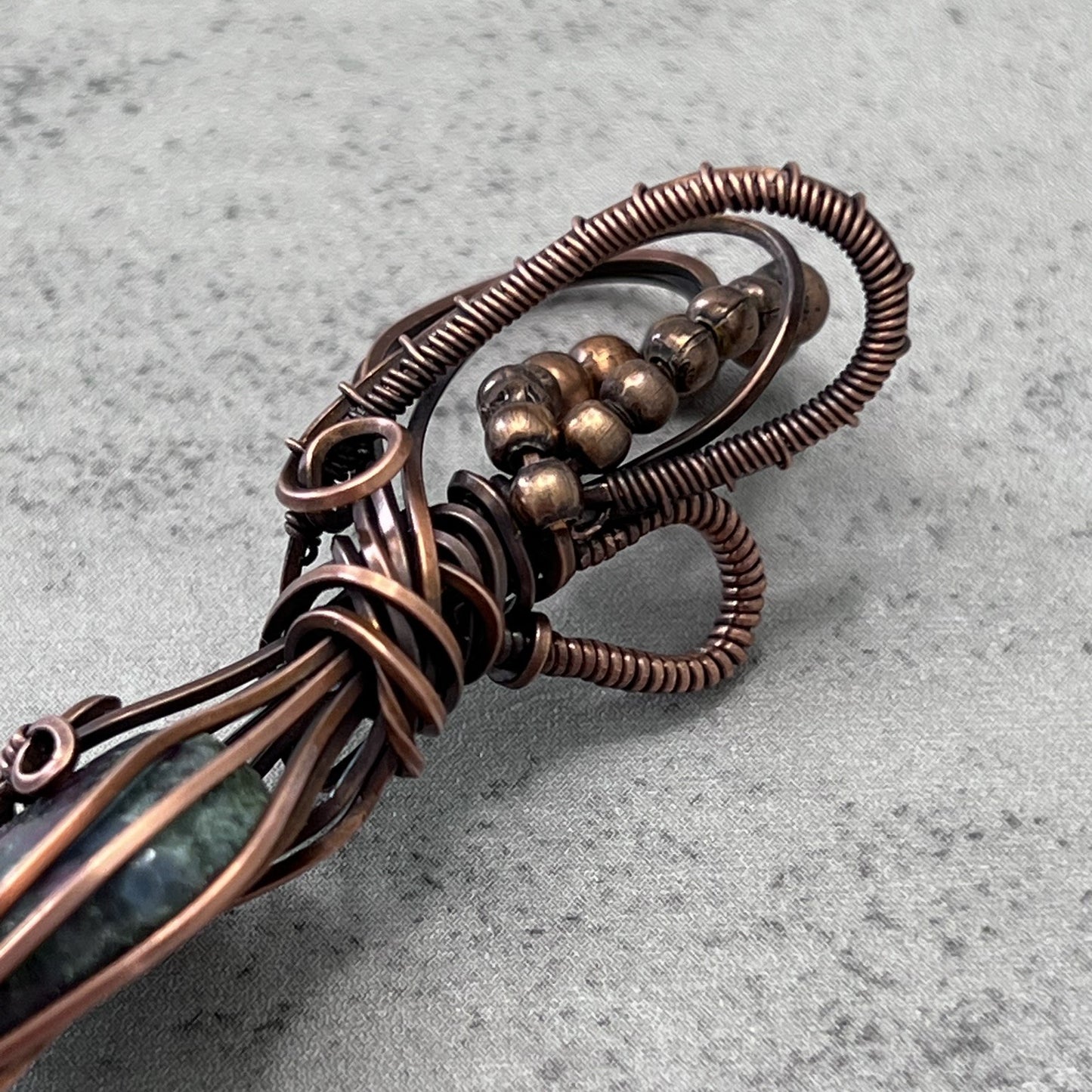 Ruby Kyanite Teardrop Stone Pendant Wrapped in Woven Copper with Beads