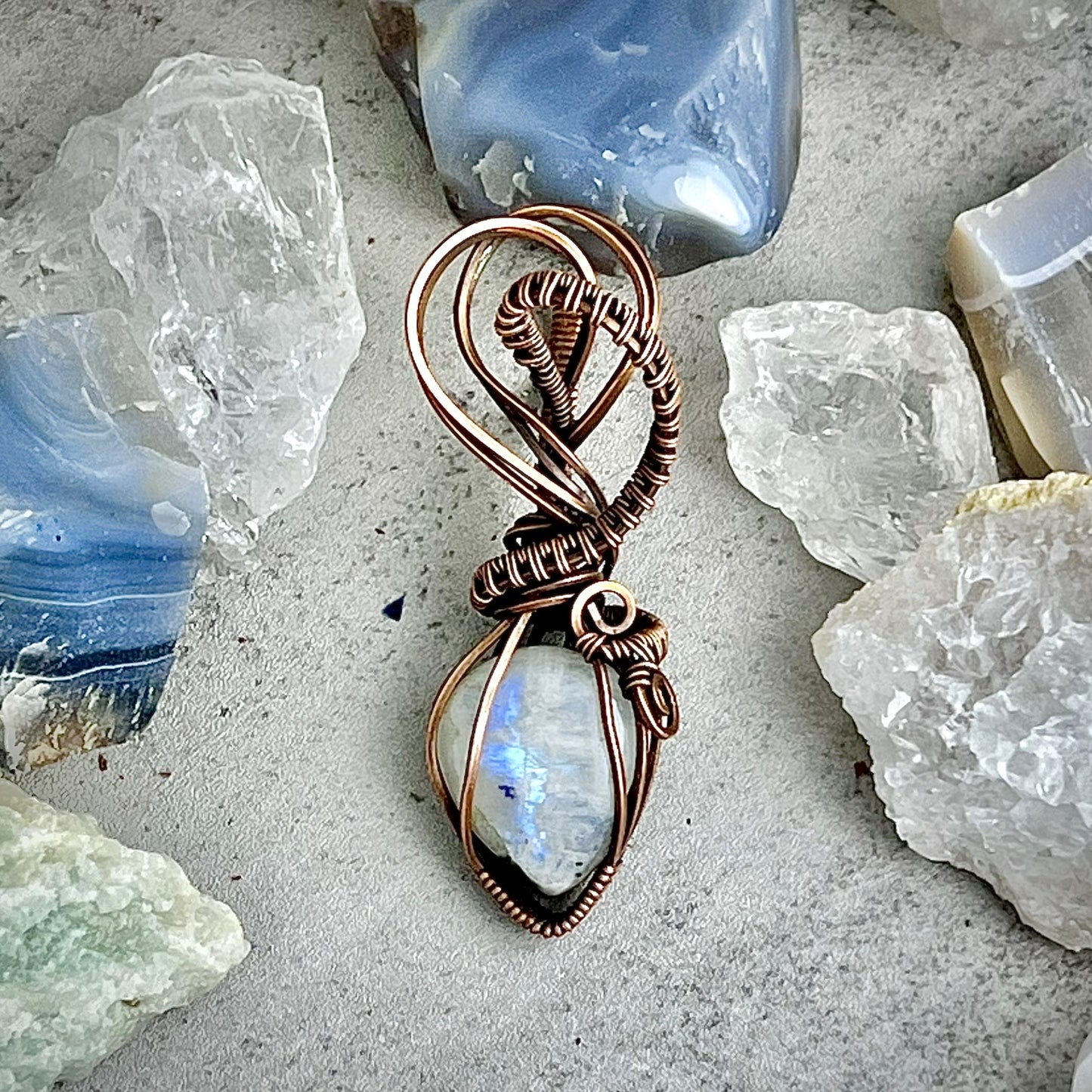 Moonstone teardrop Pendant with Woven Bale and Multi-loop Detail