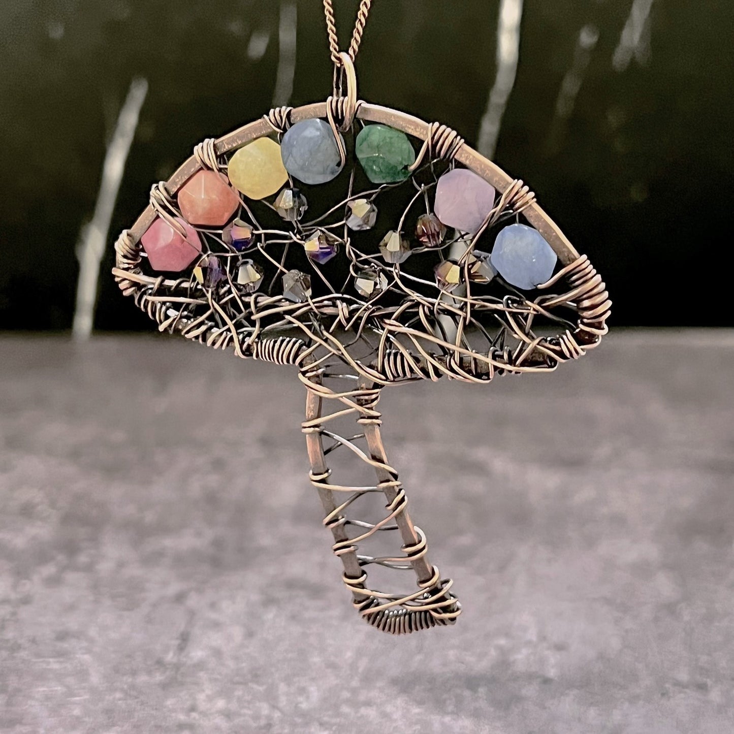 Woven Copper Mushroom Pendant with Rainbow Beads and Crystal Accents