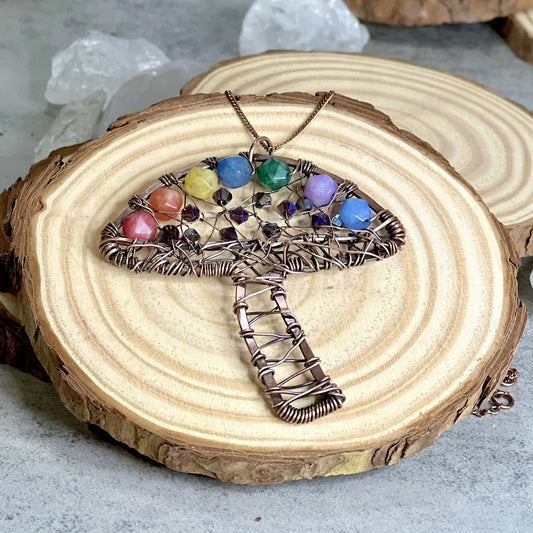 Woven Copper Mushroom Pendant with Rainbow Beads and Crystal Accents