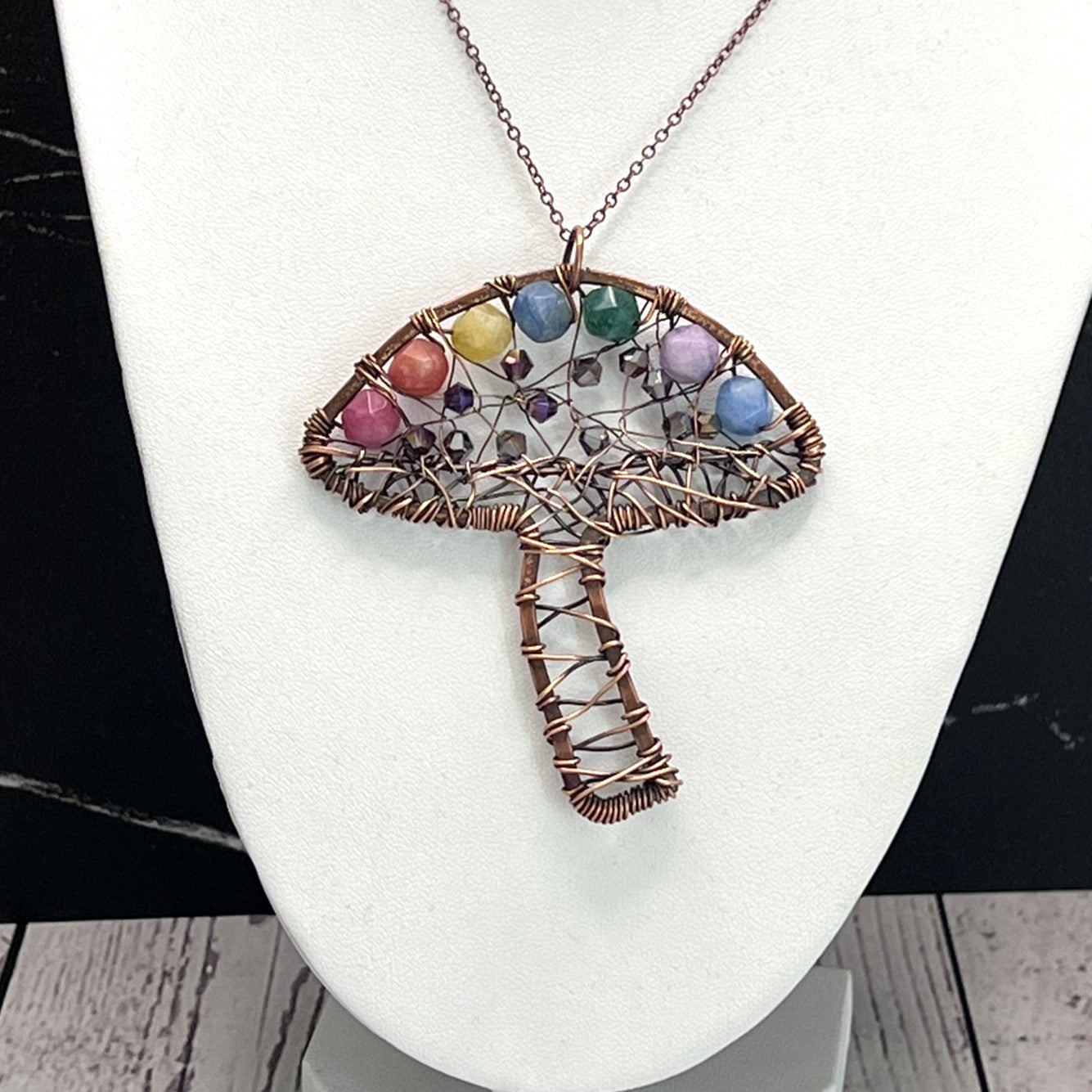 Woven Copper Mushroom Pendant with Rainbow Beads and Crystal Accents