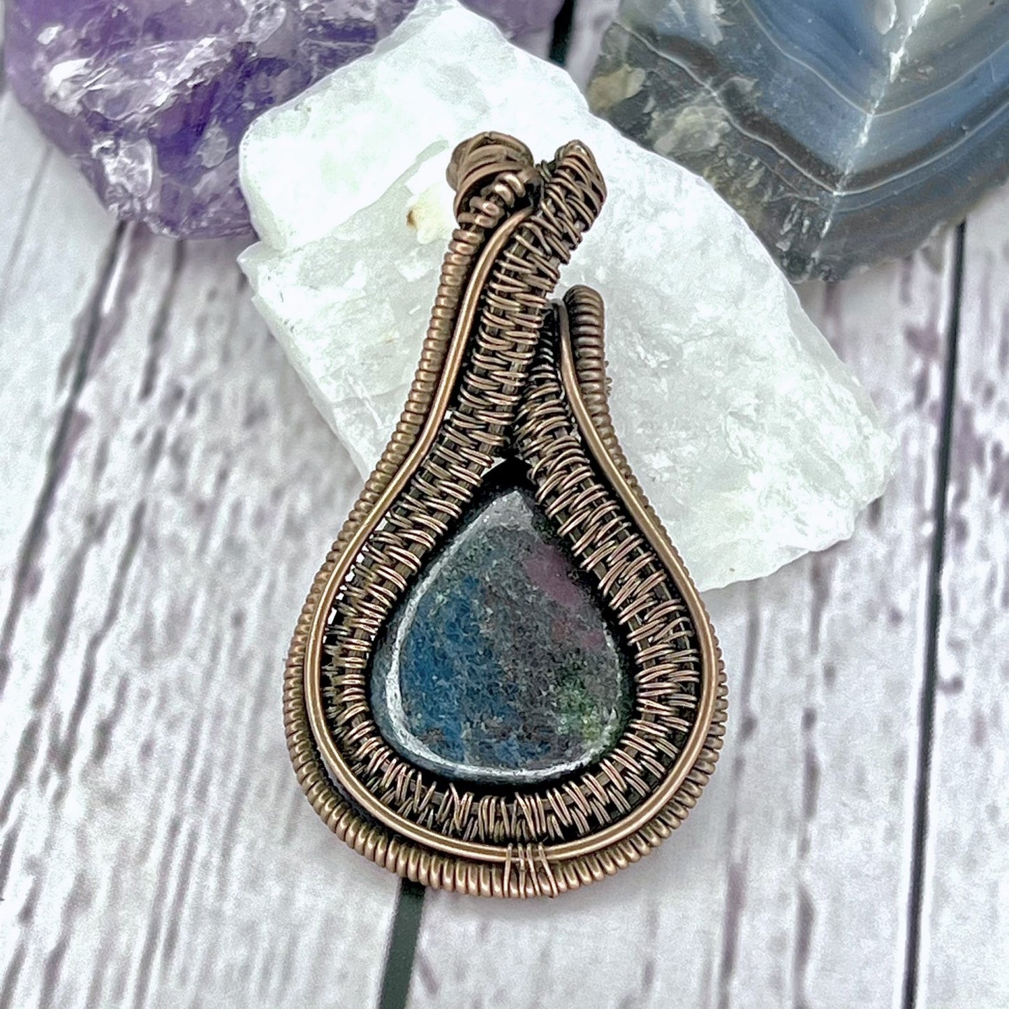 Ruby Kyanite Tear Drop Stone Pendant Wrapped in Woven Copper with Wrapped Edges