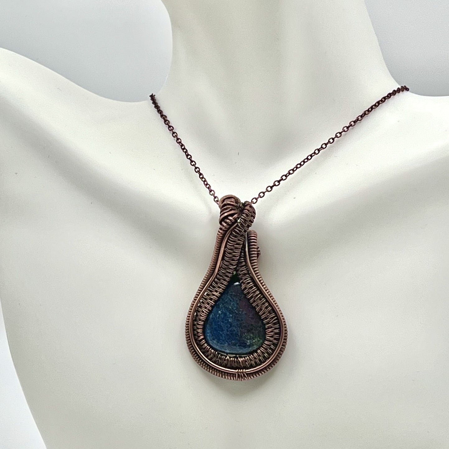 Ruby Kyanite Tear Drop Stone Pendant Wrapped in Woven Copper with Wrapped Edges