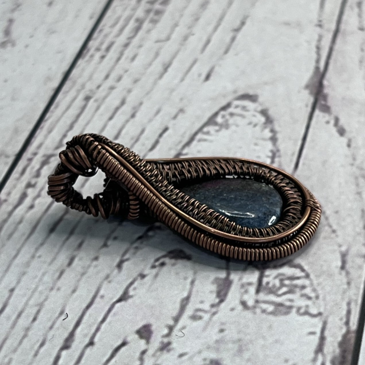 Ruby Kyanite Tear Drop Stone Pendant Wrapped in Woven Copper with Wrapped Edges